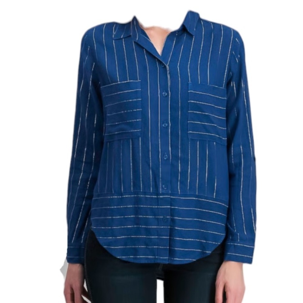Cloth & Stone‎ Navy Metallic Striped Linen Blend Button Down Shirt Size L